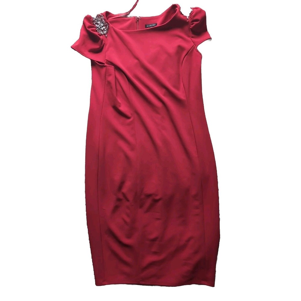 MARINA Midi Bright Red Cap Sleeve Dress 14 Short Sleeve Bejeweled Sleeve Fitted